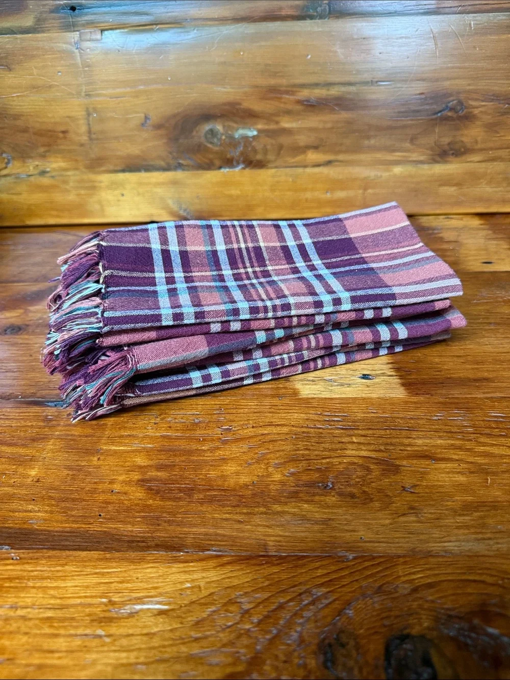 🍂 8 Plaid Fringe Set of Burgundy and Orange Cotton Napkins